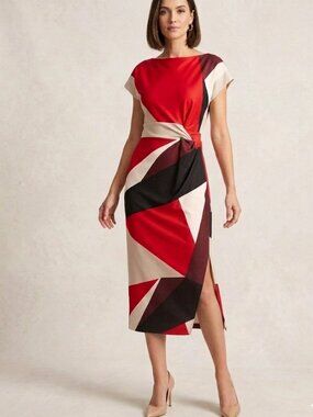 Donna Karan Colorblock Side-Slit Sheath Dress Midi Short Sleeve Size 14 NWT